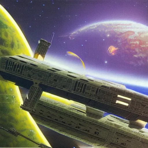 Prompt: distant view of abandoned beautiful space station floating in empty space, angus mckie, terran trade authority