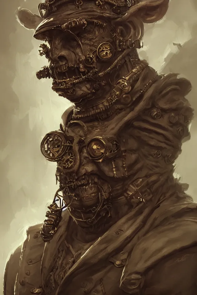 Prompt: Portrait of a scary steampunk orc bouncer,, character design, fantasy, intricate, cinematic lighting, highly detailed, digital painting, artstation, concept art, smooth, sharp focus, illustration, art by WLOP and Ross Tran