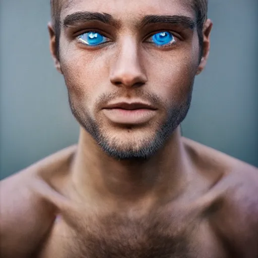 Image similar to man with blue eyes and light brown skin, 1 0 0 mm photography, hyperrealistic