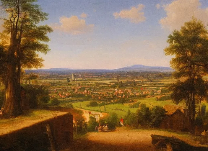 Image similar to nurburg and the surrounding area, germany in the style of hudson river school of art, oil on canvas