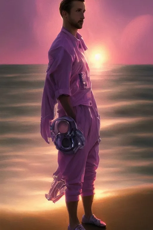 Prompt: ryan gosling robotic clothes in the beach purple sun, pink lighting ultra realistic photorealistic highly detailed high quality, a stunningly, digital painting, artstation, concept art, smooth, sharp focus, illustration, art by artgerm and greg rutkowski and alphonse mucha 8 k