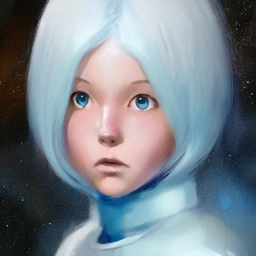 Image similar to portrait of a cute blue-eyed girl with white hair against the background of space, painting by Craig Mullins, octane rendering, soft morning lighting, wide angle lens, in the style of Hayao Miyazaki, trending on artstation,