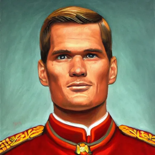 Prompt: portrait of soviet emperor tom brady, 1 9 4 2. oil on canvas portrait of the dear leader, trending on cg society, vivid color scheme