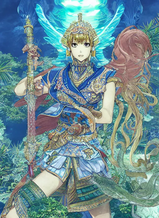 Image similar to character portrait of the sapphire herald at the tropical ocean temple, hidari, color page, tankoban, 4K, tone mapping, Akihiko Yoshida.