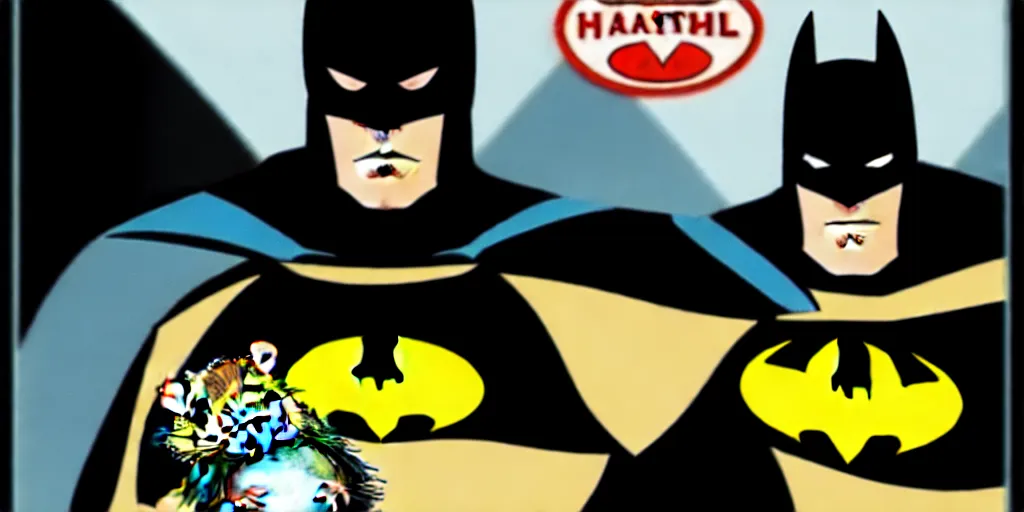 Image similar to Batman posing with a hamster, comic book style