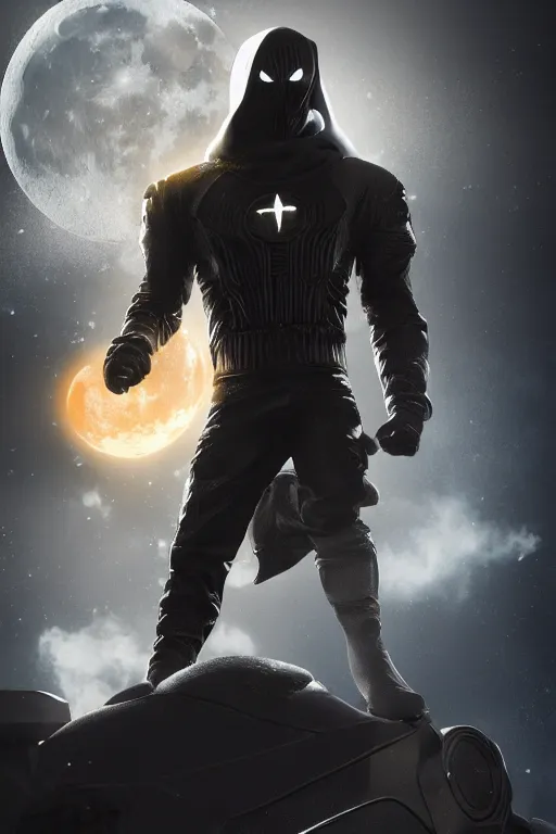 Image similar to hyperrealistic photography of Moon Knight mixed with Ghostrider style of Hossein Diba, full-shot, merged character, 4k, highly detailed, cinematic lighting, photorealistic, 3d render, award winning render, unreal engine, masterpiece, octane render, sharp focus, studio lighting, 8k, hd