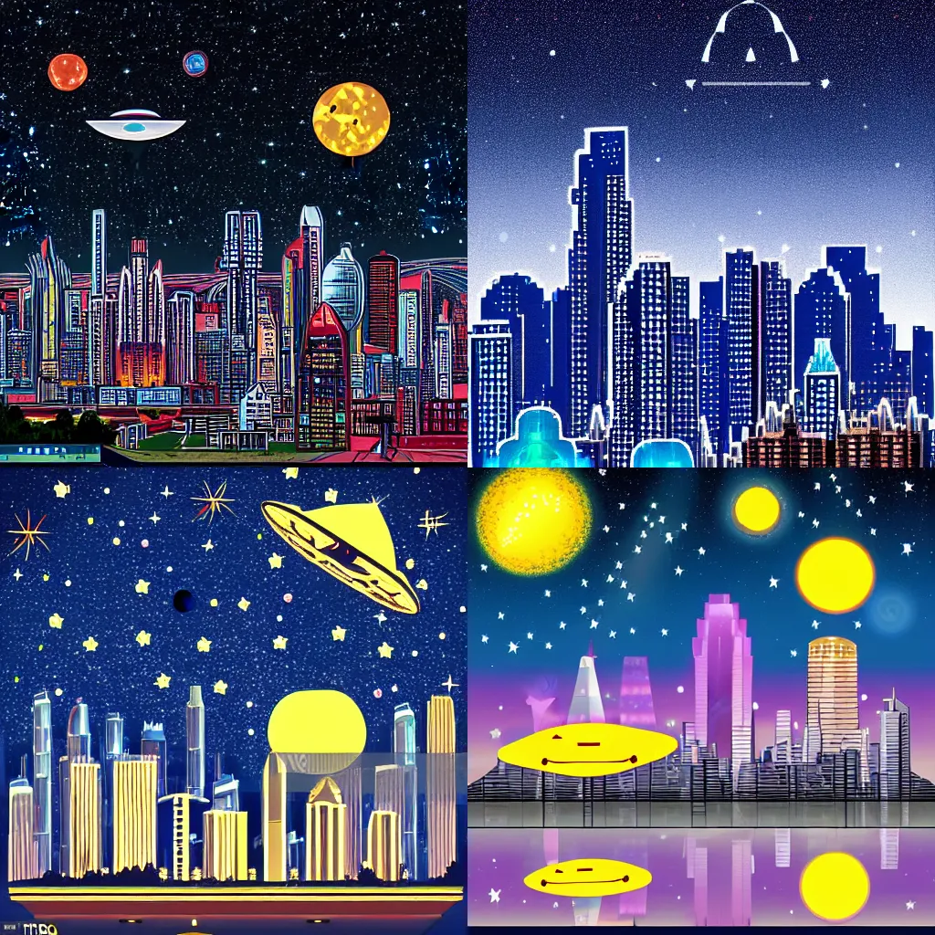 Prompt: Megapolis skyline under starry sky, with several ufo on the sky, 2D cartoon