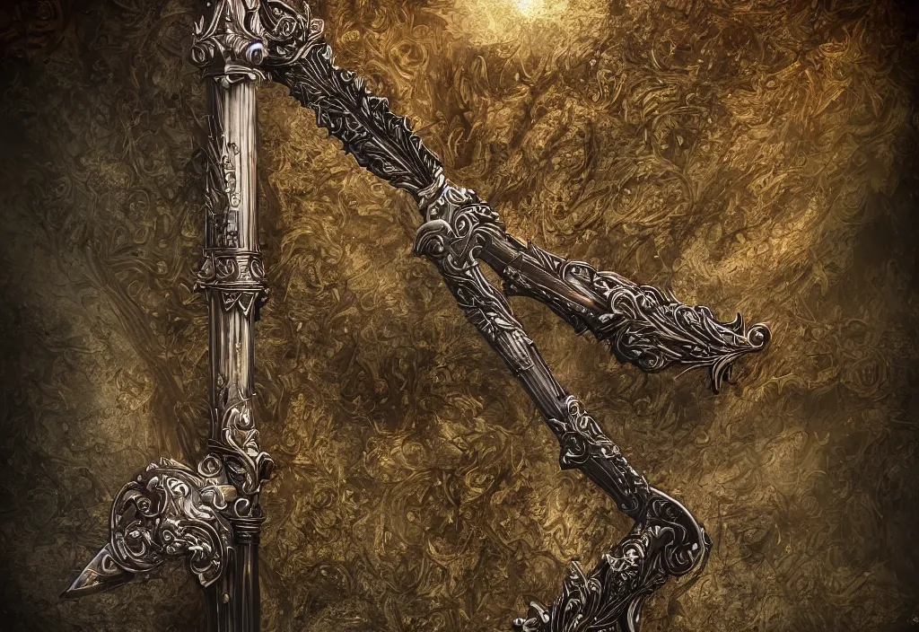 Image similar to ornate broadsword sticking out of ground main focal point, 4k ultra hd, fantasy dark art