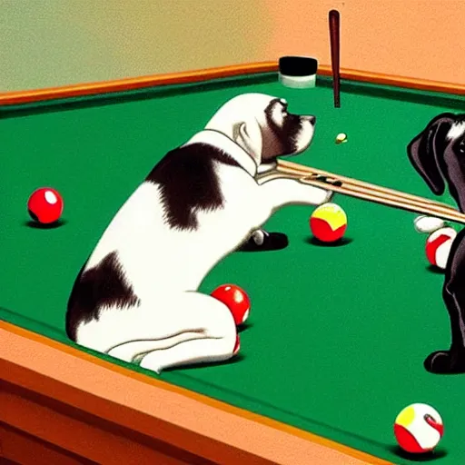 Prompt: two dogs playing billiards in the style of jack vettriano