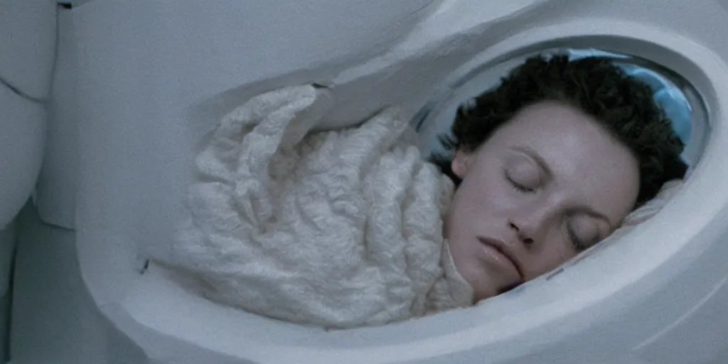 Image similar to a close-up of Ripley sleeping inside an all-white cryogenic sleeping capsule by Ridley Scott, Alien movie, grainy, bluish and cream tones