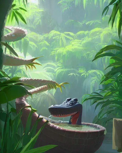Image similar to a cute alligator brushing his teeth while taking a bath in a well with lush vegetation around, cory loftis, james gilleard, atey ghailan, makoto shinkai, goro fujita, character art, rim light, exquisite lighting, clear focus, very coherent, plain background, soft painting