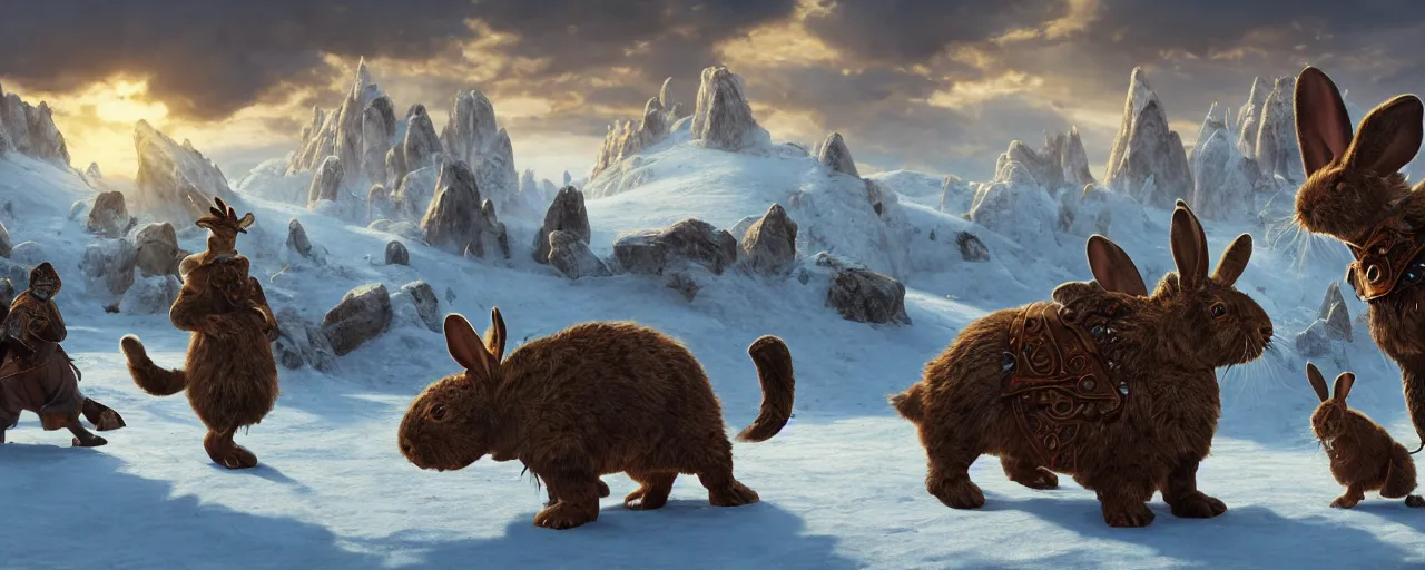 Prompt: oversized rabbits wearing elaborate armor fighting in snow mountain landscape, beautiful dynamic lighting, cinematic, wide angle establishing shot, extremely high detail, photo realistic, cinematic lighting, post processed, concept art, artstation, matte painting, style by frederic church, raphael lacoste, unreal engine 8k