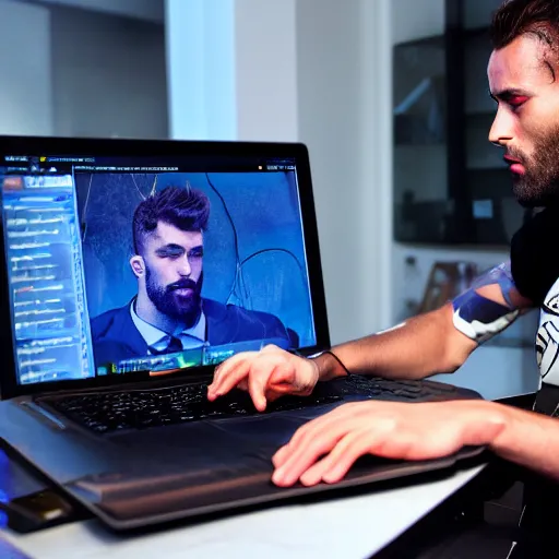 Image similar to Gigachad sigma male using his laptop to torrent