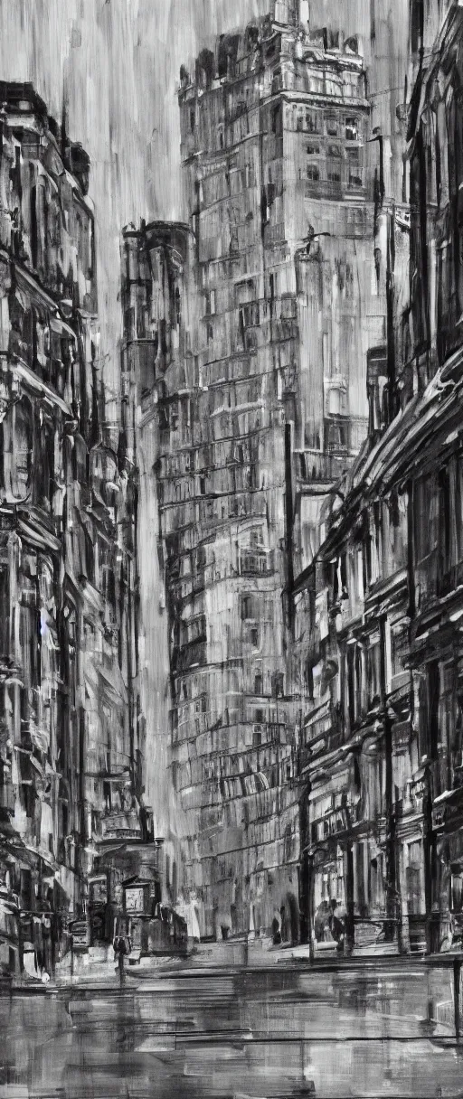Prompt: Leeds City Centre black and white concept art oil painting