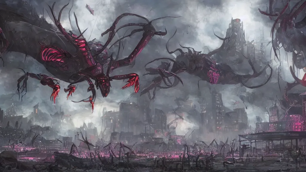 Image similar to concept art of giant bugs destroying a city