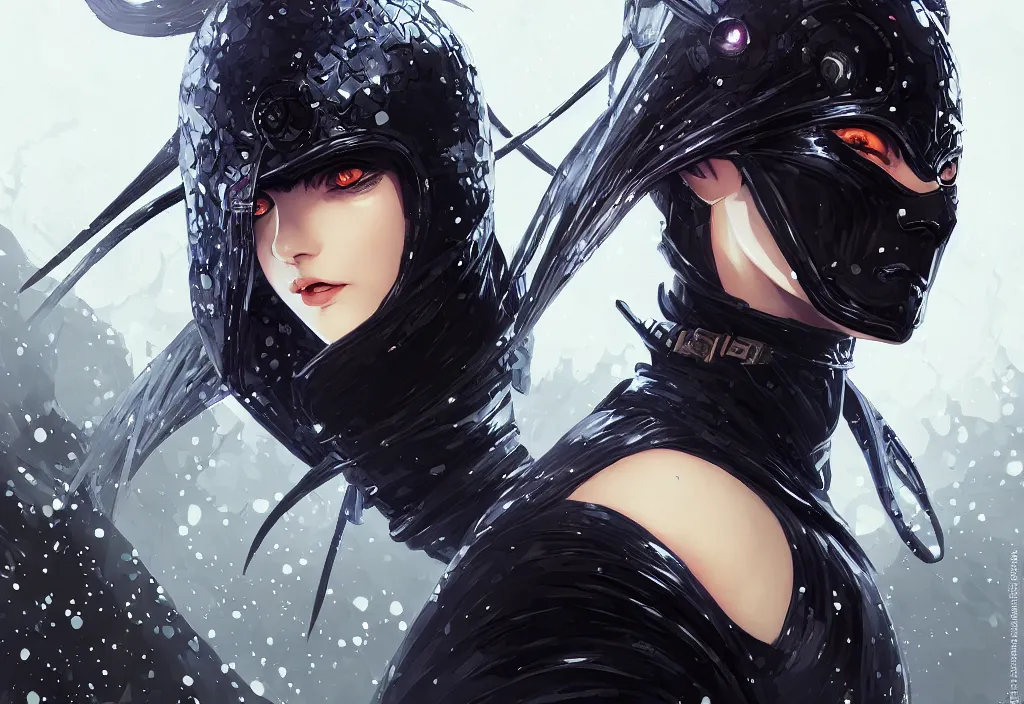 Prompt: portrait ninja gaiden girl, armored black shiny ninja wardrobe, at snowy fuji mountain moonlight, ssci - fi and fantasy, intricate and beautiful and elegant, digital painting, artstation, concept art, smooth and sharp focus, illustration, art by tian zi and wlop and alphonse mucha