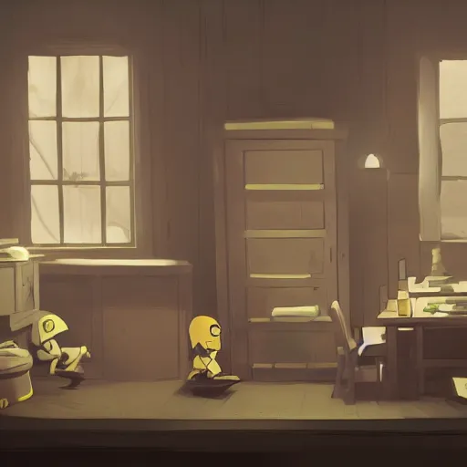 Prompt: storage lab concept art inspired by the game little nightmares and limbo