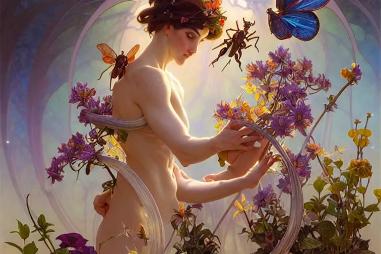 Prompt: the platonic ideal of flowers, growing, insects and praying of ubermench, mix of a woman and a man, d & d, fantasy, ego death, decay, dmt, psilocybin, art by artgerm and greg rutkowski and alphonse mucha