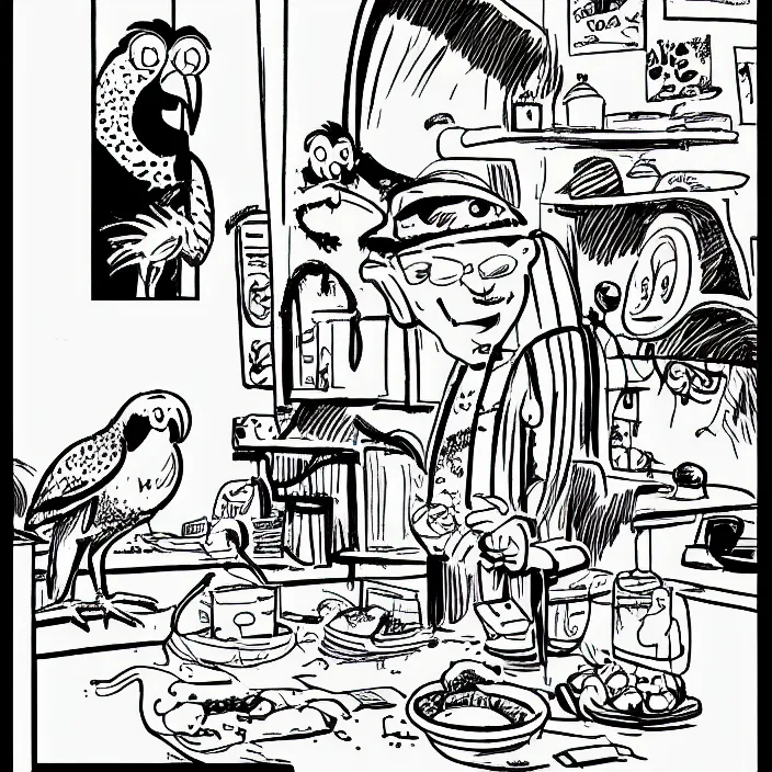 Image similar to a still frame from comic strip about the parrot having fun 1 9 9 0, new yorker illustration, monochrome contrast bw, lineart, manga, simplified