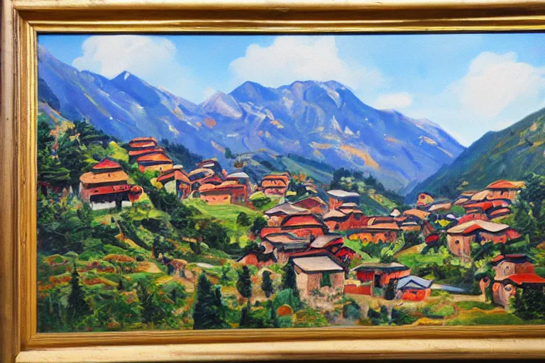Image similar to beautiful mountain village, oil painting, oil in canvas, brushstrokes