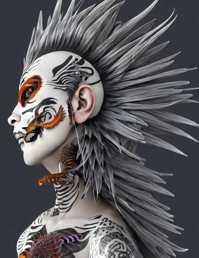 Image similar to 3 d goddess close - up profile simple portrait punk with mohawk with tiger skull. beautiful intricately detailed japanese crow kitsune mask and clasical japanese kimono. betta fish, jellyfish phoenix, bio luminescent, plasma, ice, water, wind, creature, artwork by tooth wu and wlop and beeple and greg rutkowski