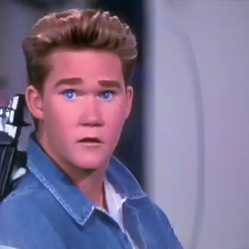 Prompt: Dashcam footage of Zack Morris from 'Saved By The Bell' chasing you down with a gun