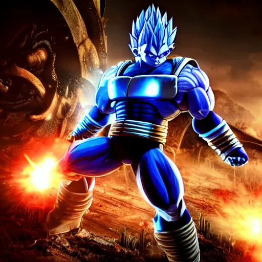 Image similar to vegeta in gears of war, splash art, movie still, cinematic lighting, ray tracing, octane render, long lens, shallow depth of field, bokeh, anamorphic lens flare, 8 k, hyper detailed, 3 5 mm film grain