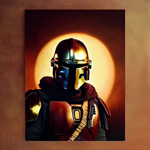 Image similar to powerful Mandalorian portrait, atmospheric lighting, painted, intricate, volumetric lighting, beautiful, golden hour, sharp focus, ultra detailed, by Leesha Hannigan, Ross Tran, Thierry Doizon, Kai Carpenter,Ignacio Fernández Ríos