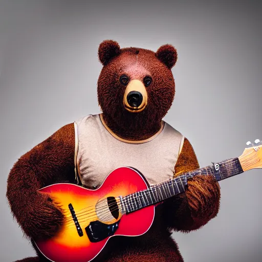 Prompt: a photograph of a bear poorly cosplaying as a bear, he is holding a guitar, vivid color, 50mm