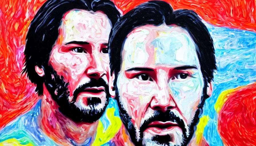 Image similar to portrait of Keanu reeves floating in space with a distressed look on his face, acrylic paint on canvas,