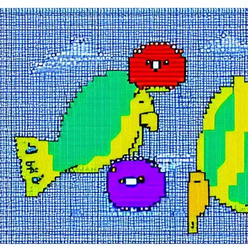 Image similar to two fishes talking to eachother in deep sea, 8 - bit art