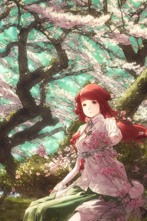 Prompt: the emerald herald under a cherry blossom tree, hidari, color page, tankoban, 4K, tone mapping, Akihiko Yoshida