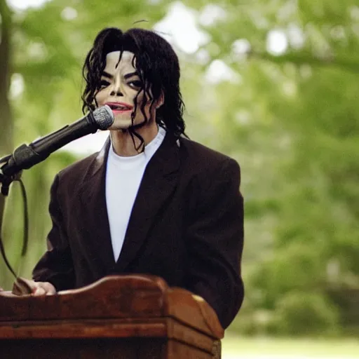 Prompt: cinematic still of Michael Jackson preaching at a Baptist Church in Rural Tennessee, close up, shallow depth of field, cinematic