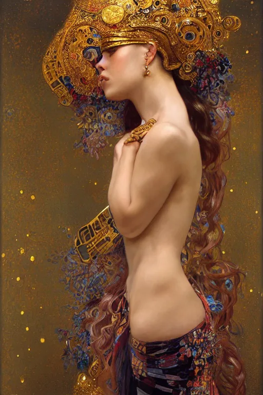 Image similar to an intricate artistic pose painting of a beautiful young muse with an artistic sensual pose with klimt golden motives and textures, hyper detailed, ornamental gold headpiece, octane render, vivid colors, artstation, by jeremy mann, by alphonse mucha, by boris vallejo