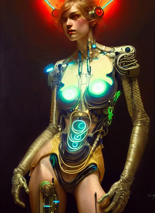 Image similar to neon cyborg, diffuse lighting, fantasy, intricate, elegant, highly detailed, lifelike, photorealistic, digital painting, artstation, illustration, concept art, smooth, sharp focus, art by John Collier and Albert Aublet and Krenz Cushart and Artem Demura and Alphonse Mucha