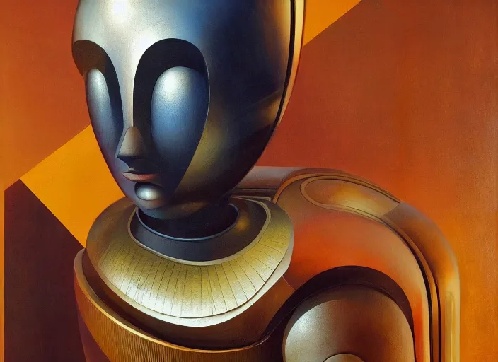 Image similar to asymmetrical portrait headshot of sci fi metallic human, bright eyes, melancholic complex geometric figure liminal biomechanical by oskar schlemmer, moebius, john berkey, film grain, oil on canvas, portrait facial head, featured on artstation, hd wallpaper, 8 k, bright colors, global radiant light