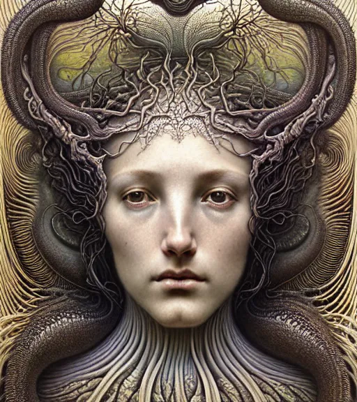 Image similar to detailed realistic beautiful glowing goddess face portrait by jean delville, gustave dore, iris van herpen and marco mazzoni, art forms of nature by ernst haeckel, art nouveau, symbolist, visionary, gothic, neo - gothic, pre - raphaelite, fractal lace, intricate alien botanicals, biodiversity, surreality, hyperdetailed ultrasharp octane render