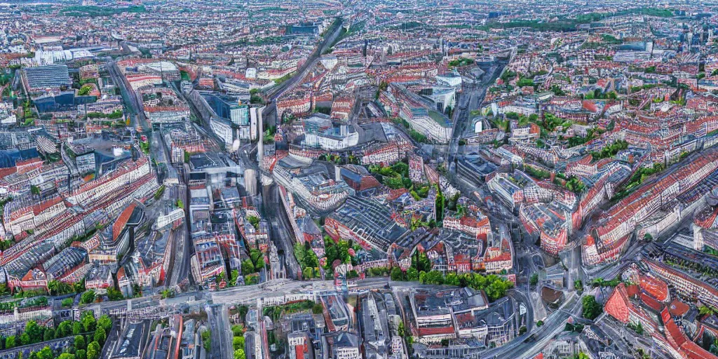 Prompt: drone view of a german city Berlin with a large road through, Brutalist architecture,sharp focus,telephoto lens,3D digital art 4k