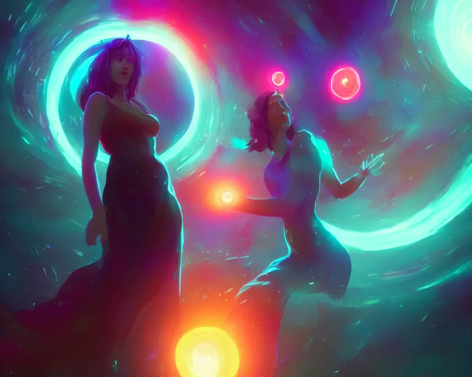 Prompt: a beautiful whimsical woman standing under a multi-colored binary blackhole with an accretion disc, casting magic, glowing trails following her arms, digital art, by Lois van Baarle, by Greg Rutkowski, by artgerm, by beeple, cinematic angle, volumetric lighting, 4k resolution, octane render, trending on artstation, masterpiece