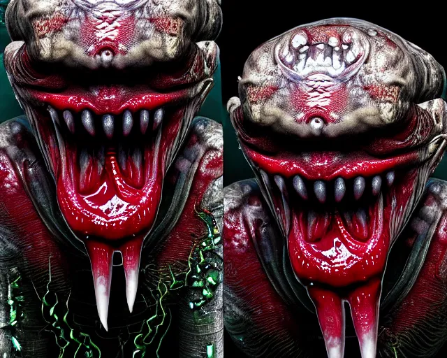 Image similar to realistic long textured tongue demon wet humanoid alien, smoke, mouth in mouth, large alien eyes, metallic reflective human teeth dripping greenish acid saliva from teeth, thin red veins, intricate grey fish scales, ornate, cinematic light shadows, reflections, crawling in a wet sewer pipe, dim flashlight lighting, insanely detailed, fisheye lens