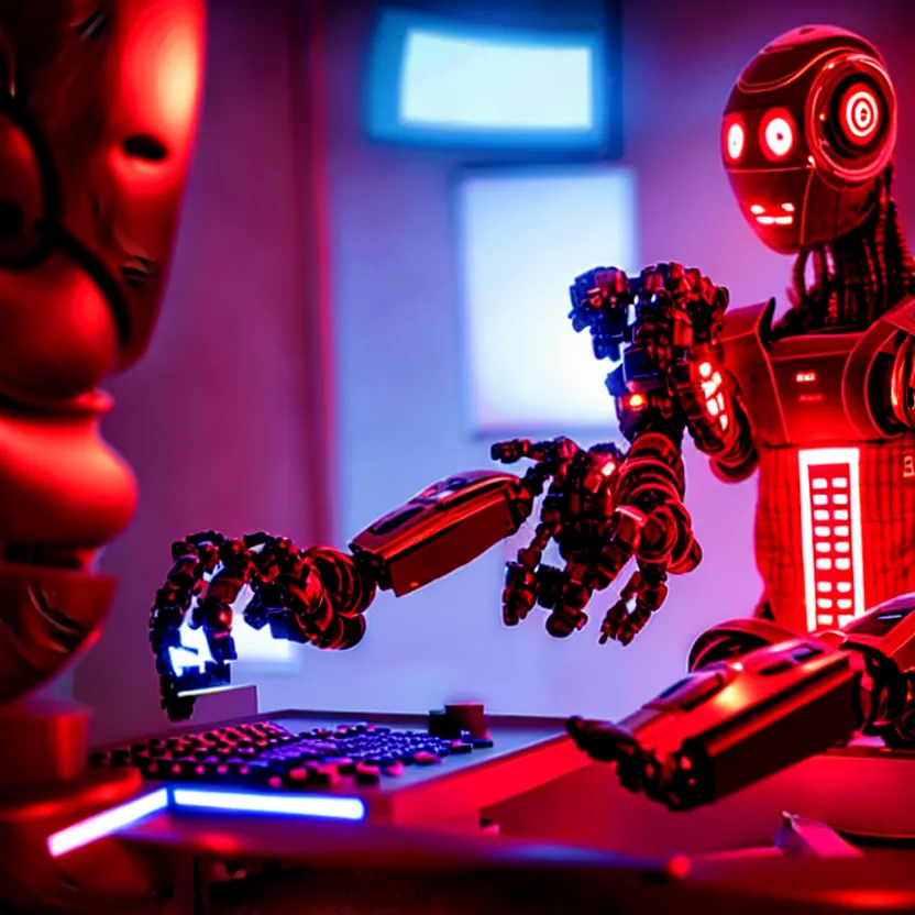 Image similar to a film still of a robot playing video games, cool, red, photo, realistic, hd, intricate details, cyberpunk, dark, horror, award - winning cinematic lighting, beautiful, 1 6 k