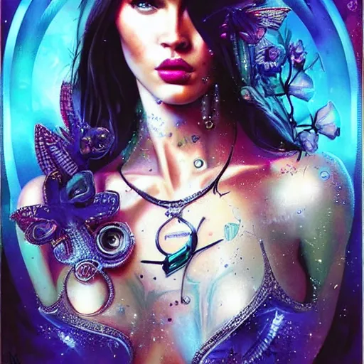 Image similar to Megan Fox Portrait by Lisa Frank, Karol Bak Sandra Chevrier and GMUNK, beautiful digital art