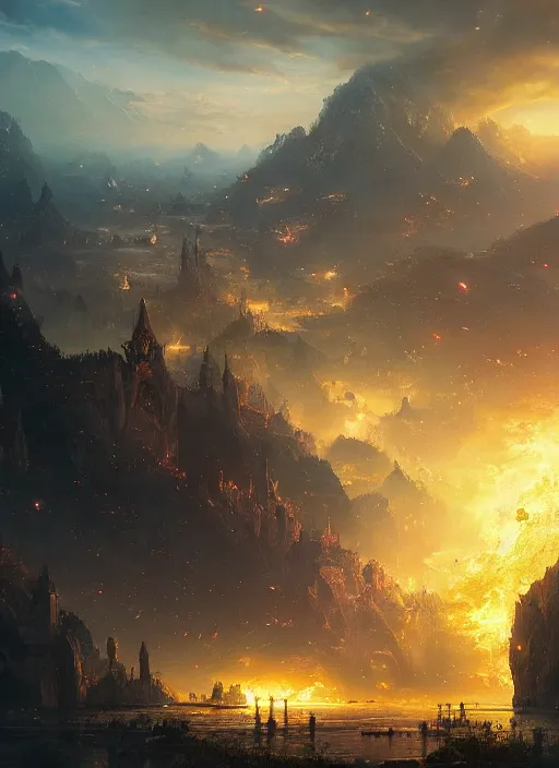 Prompt: a fantasy golden city smoulders, embers fly, epic atmosphere, by greg rutkowski, nature by asher brown durand, composition by yoshitaka amano