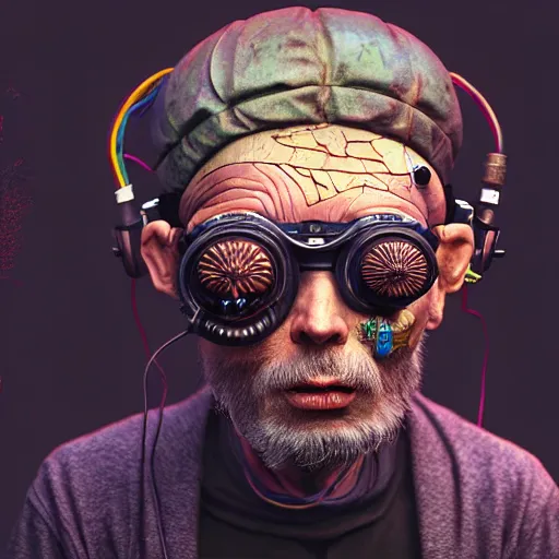 Image similar to Colour Photography of 1000 years old man with highly detailed 1000 years old face wearing higly detailed cyberpunk VR Headset designed by Josan Gonzalez Many details. Man raging screaming . In style of Josan Gonzalez and Mike Winkelmann andgreg rutkowski and alphonse muchaand Caspar David Friedrich and Stephen Hickman and James Gurney and Hiromasa Ogura. Rendered in Blender