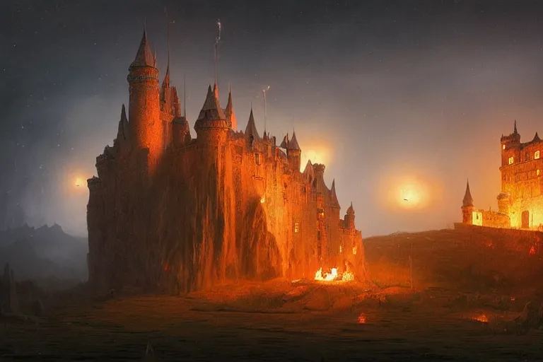 Image similar to a castle at night being lit up by the fire of a dragon, Les Edwards, Zdzislaw Beksinski, Carl Gustav Carus, John Harris, Michal Karcz, Zhang Kechun, Mikko Lagerstedt, Scott Listfield, Steven Outram, Jessica Rossier