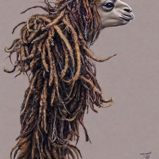 Prompt: llama with dreadlocks, by mandy jurgens, ernst haeckel, annie liebovotz, james jean