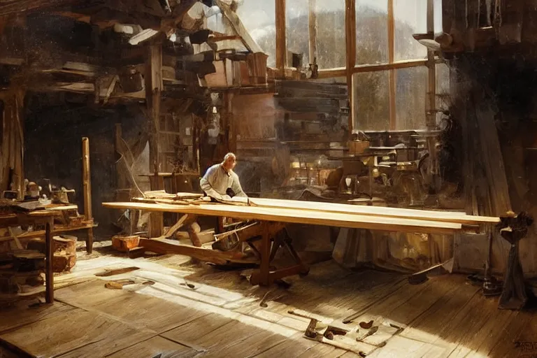 Image similar to simple craftsman fine woodworker building a wooden table in their well lit clean open workshop, art by anders zorn, wonderful masterpiece by greg rutkowski, beautiful cinematic light, american romanticism thomas lawrence, greg rutkowski