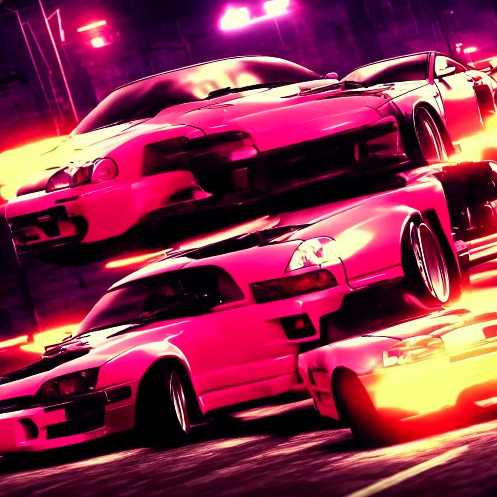 Image similar to need for speed underground 2, single car, drifting, vhs aesthetic, 9 0 s aesthetic, nice lighting, retrowave,