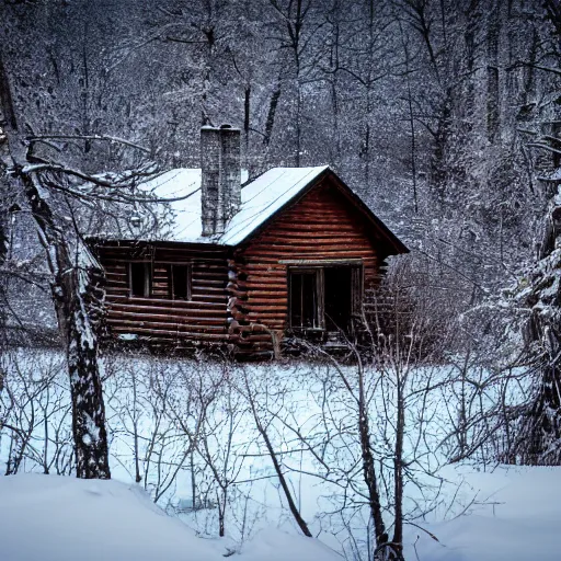 Prompt: a photo from inside an abandoned log cabin, winter, thick snowfall, ominous, eerie