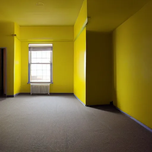 Image similar to a strange room with a yellow wallpaper, fluorescent lights, and a yellow moist carpet, eerie, liminal space, grainy footage, first person,